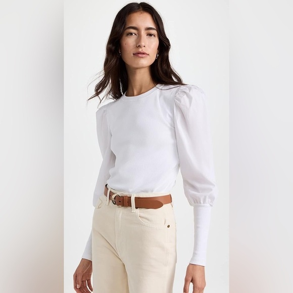 Veronica Beard Lyon Top White Ribbed Puff Long Sleeve Top - Picture 2 of 11